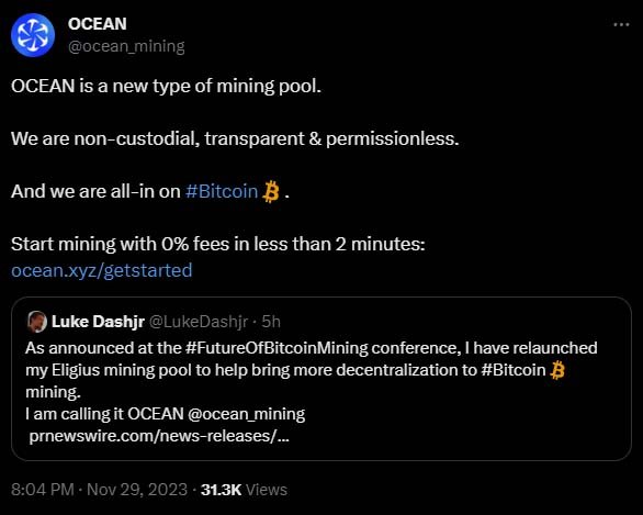 Ocean Decentralized Mining Pool M Raised