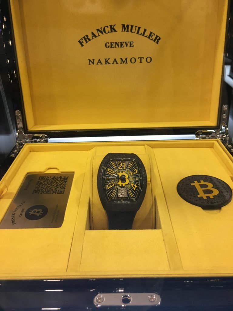 One of many Franck Muller Encrypto watches on sale at Bitcoin 2022, featuring a scanable public key for payment