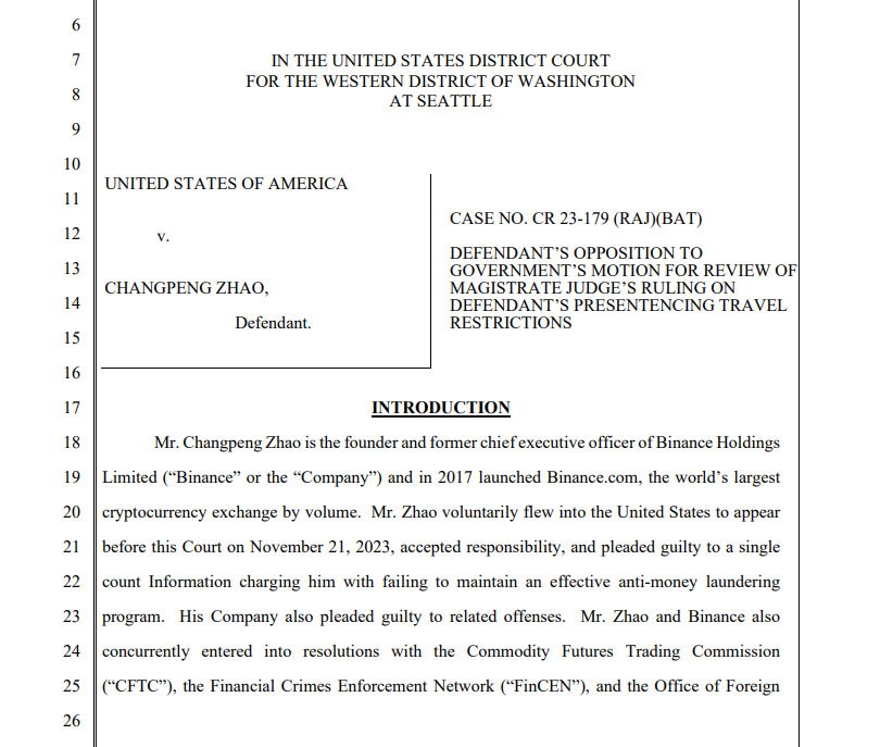 Changpeng Zhao travel restriction