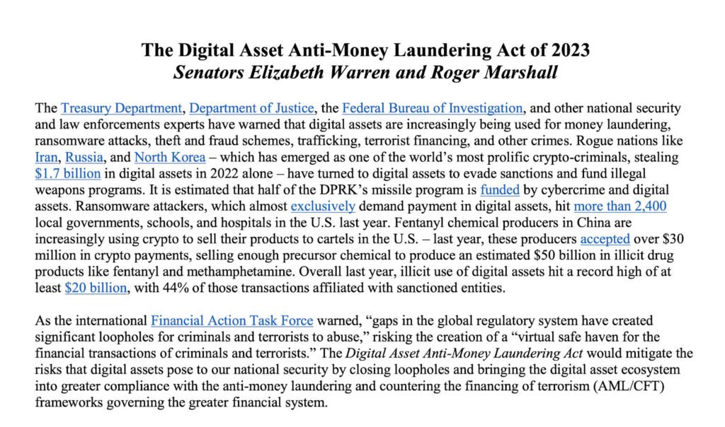 elizabeth warren Digital Asset Anti-Money Laundering Act