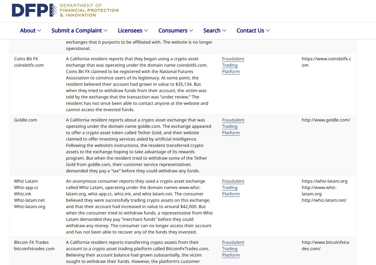 DFPI scam tracker - bitcoin scammer list