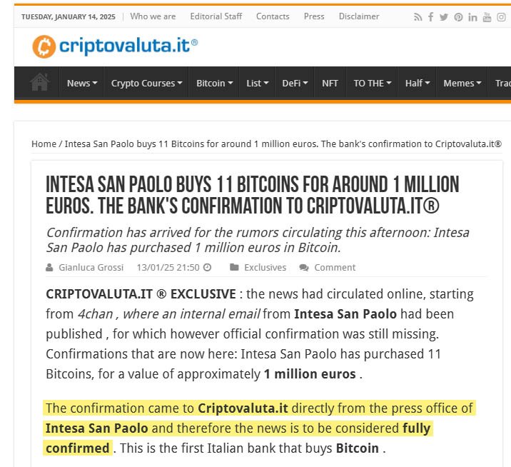 Intesa Sanpaolo bitcoin