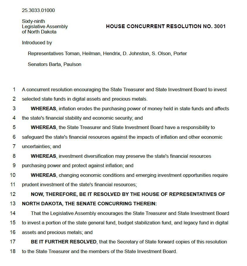 resolution 3001 north dakota bitcoin treasuries