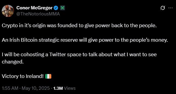 Former UFC Champion Conor McGregor Calls for an Irish Bitcoin Reserve 1 conor mcgregor ireland bitcoin reserve