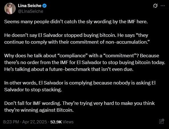 El Salvador Continues Buying Bitcoin Despite IMF Deal 2 lina seiche el salvador