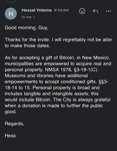 Roswell NM Launches World's First Municipal Bitcoin Strategic Reserve 1 Email from Roswell City Attorney Hess Yntema bitcoin reserve