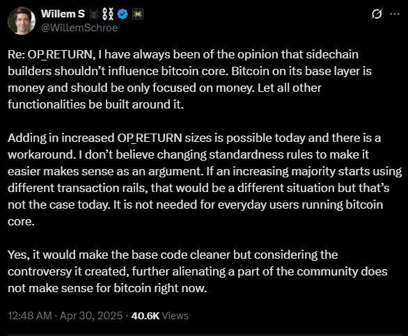 Discussions Heat Up Among Bitcoin Devs Over OP_RETURN Proposal 2 willem schore op_return