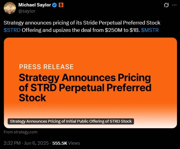 Strategy Upsizes STRD Offering to $1 Billion to Buy More Bitcoin 1 saylor STRD offering 1 billion