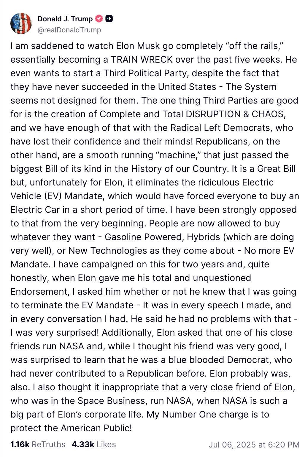 Elon Musk Launches ‘America Party,’ Puts Bitcoin at the Center of US Politics 3 donald trump musk off the rails