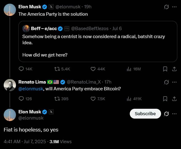Elon Musk Launches ‘America Party,’ Puts Bitcoin at the Center of US Politics 1 the america party bitcoin